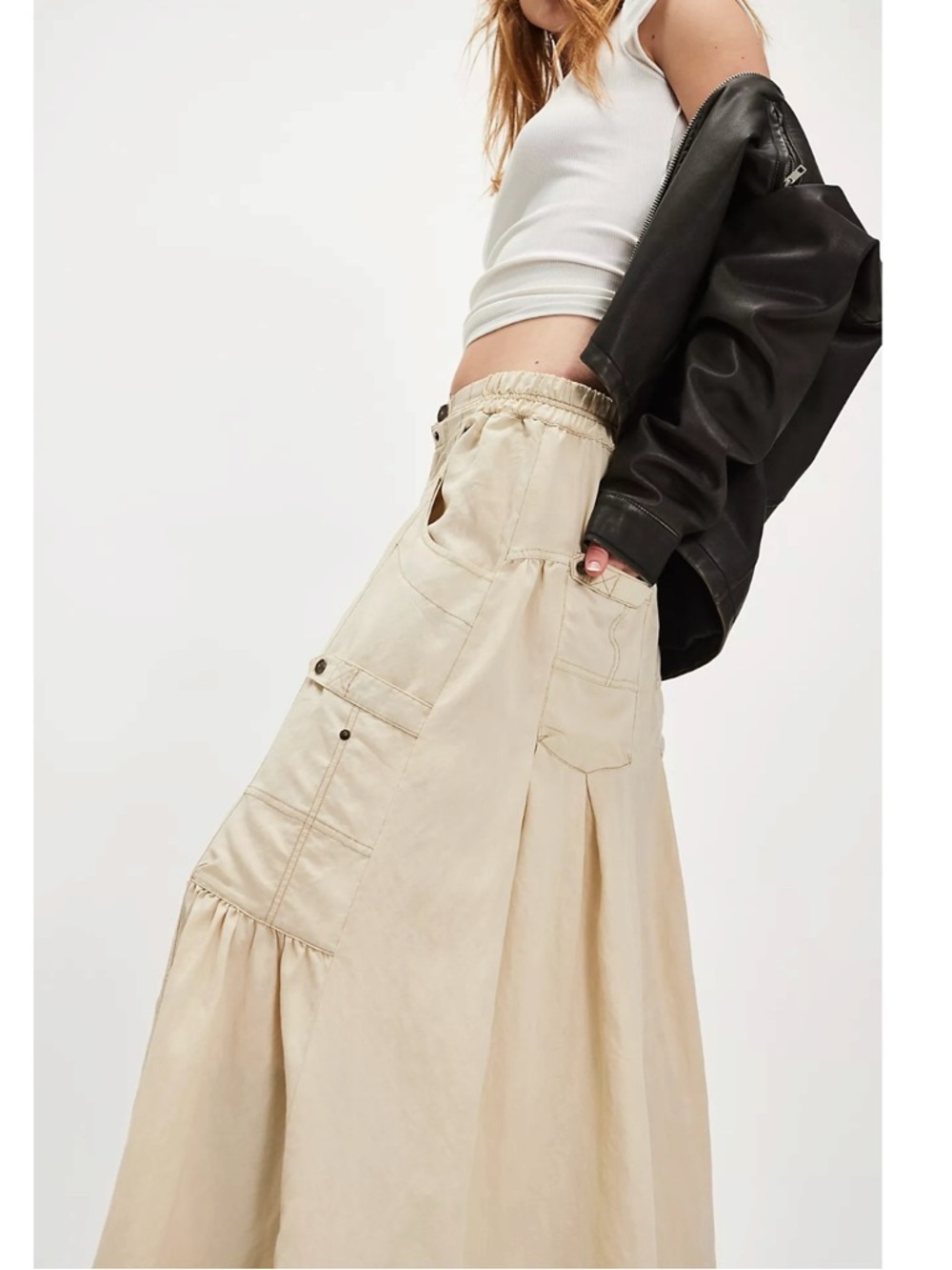Free People Grunge 90s Cargo Rough Riding Maxi Skirt Birch Neutral Large Bella - Picture 5 of 13